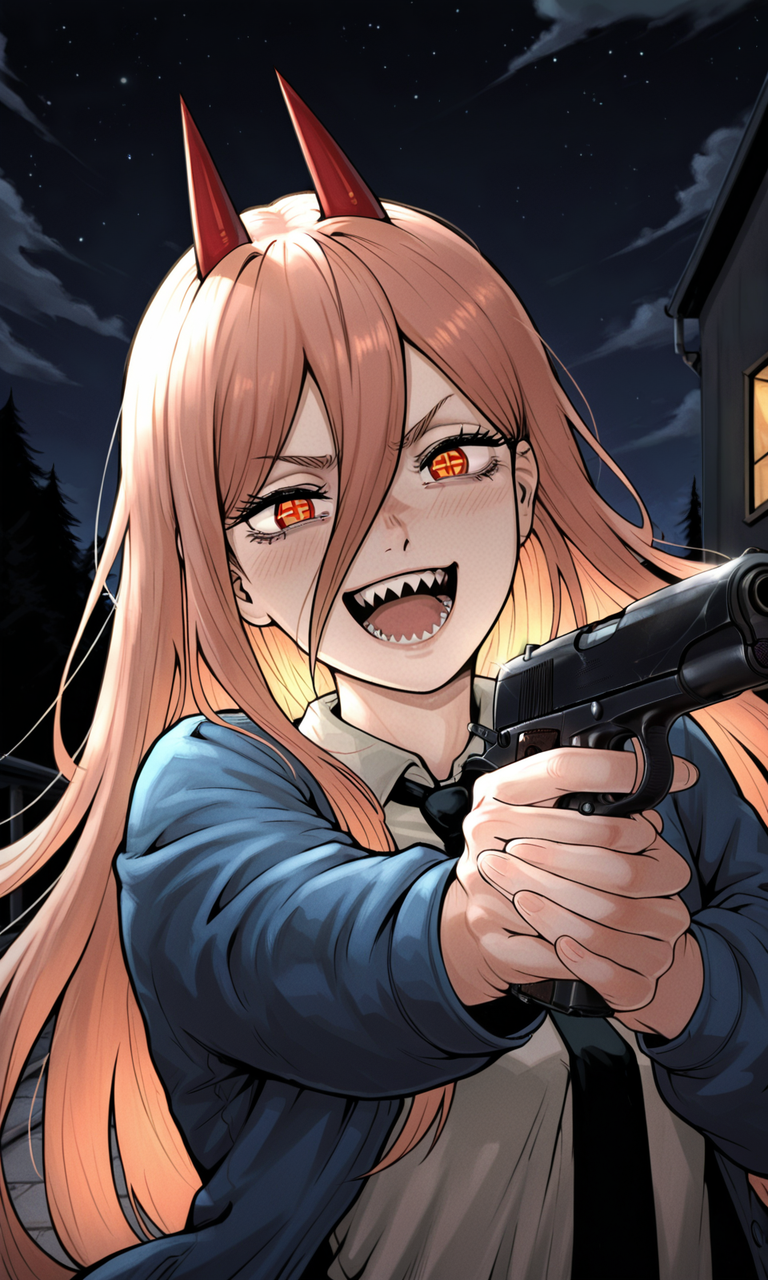 embedding:IllusP0s, artist:moriimee, m1911a1, aiming, laughing, power_\(chainsaw_man\), dynamic pose, outdoors, night, 1girl, solo,<lora:m1911a1_ill.safetensors:1.0:1.0>