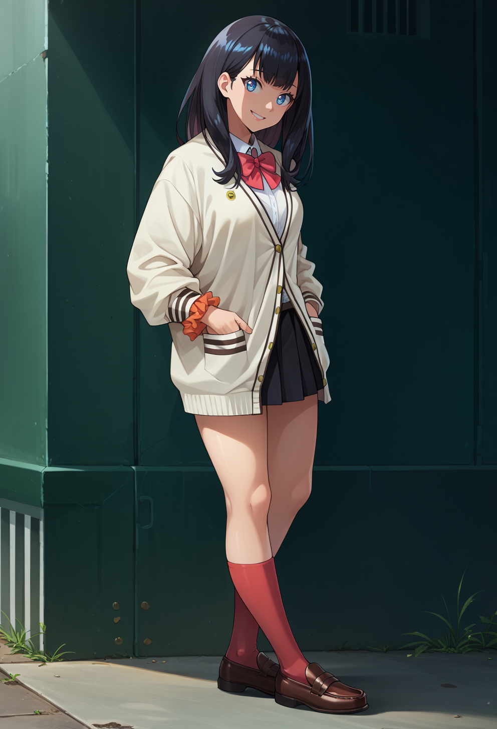 score_9, score_7_up, source_anime, BREAK <lora:AERikka:1> AERikkaDef, blue eyes, black hair, long hair, red bowtie, white cardigan, wrist scrunchie, microskirt, pleated skirt, red sock, brown footwear, loafers, hands in pockets, smile, from side, head tilt, looking at viewer,