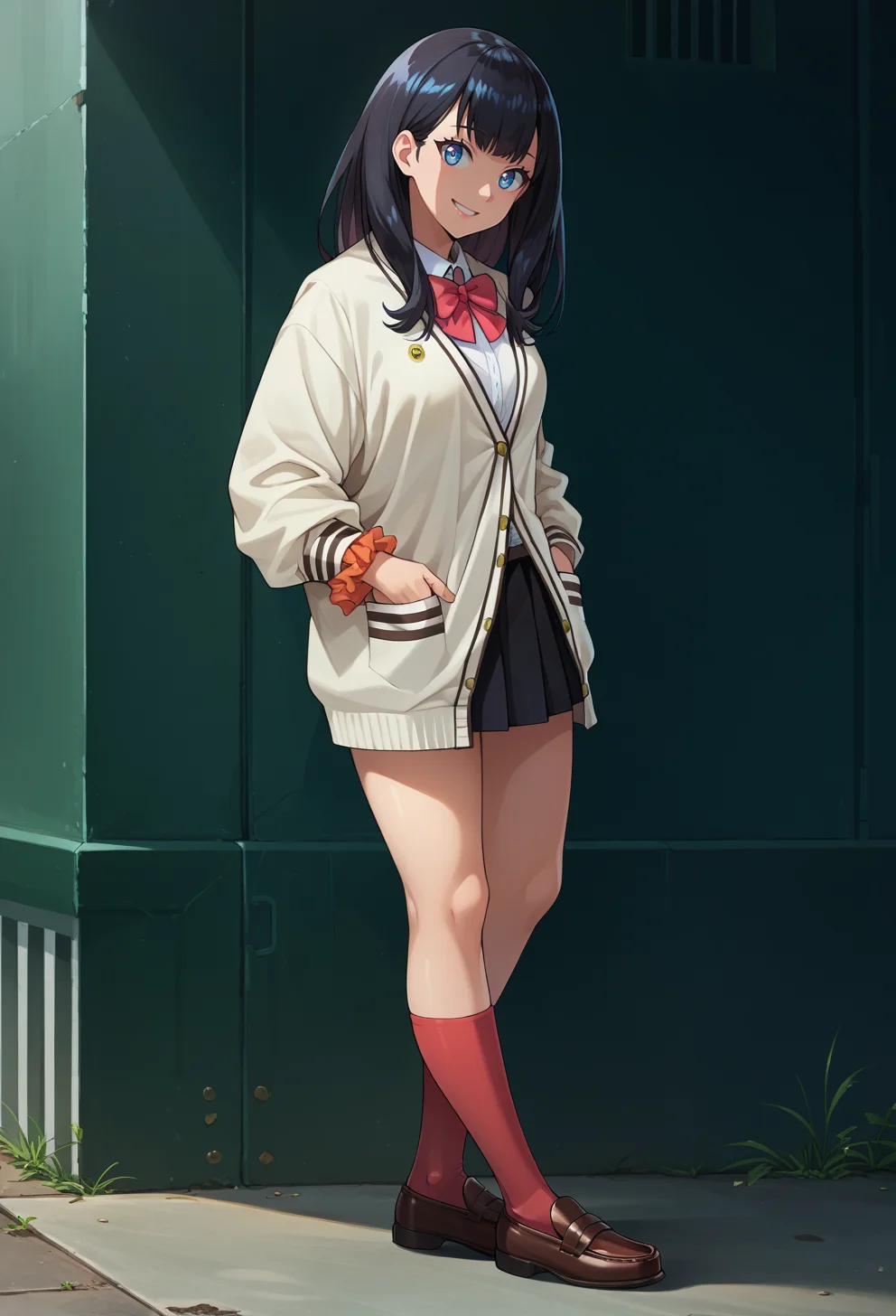 score_9, score_7_up, source_anime, BREAK <lora:AERikka:1> AERikkaDef, blue eyes, black hair, long hair, red bowtie, white cardigan, wrist scrunchie, microskirt, pleated skirt, red sock, brown footwear, loafers, hands in pockets, smile, from side, head tilt, looking at viewer,
