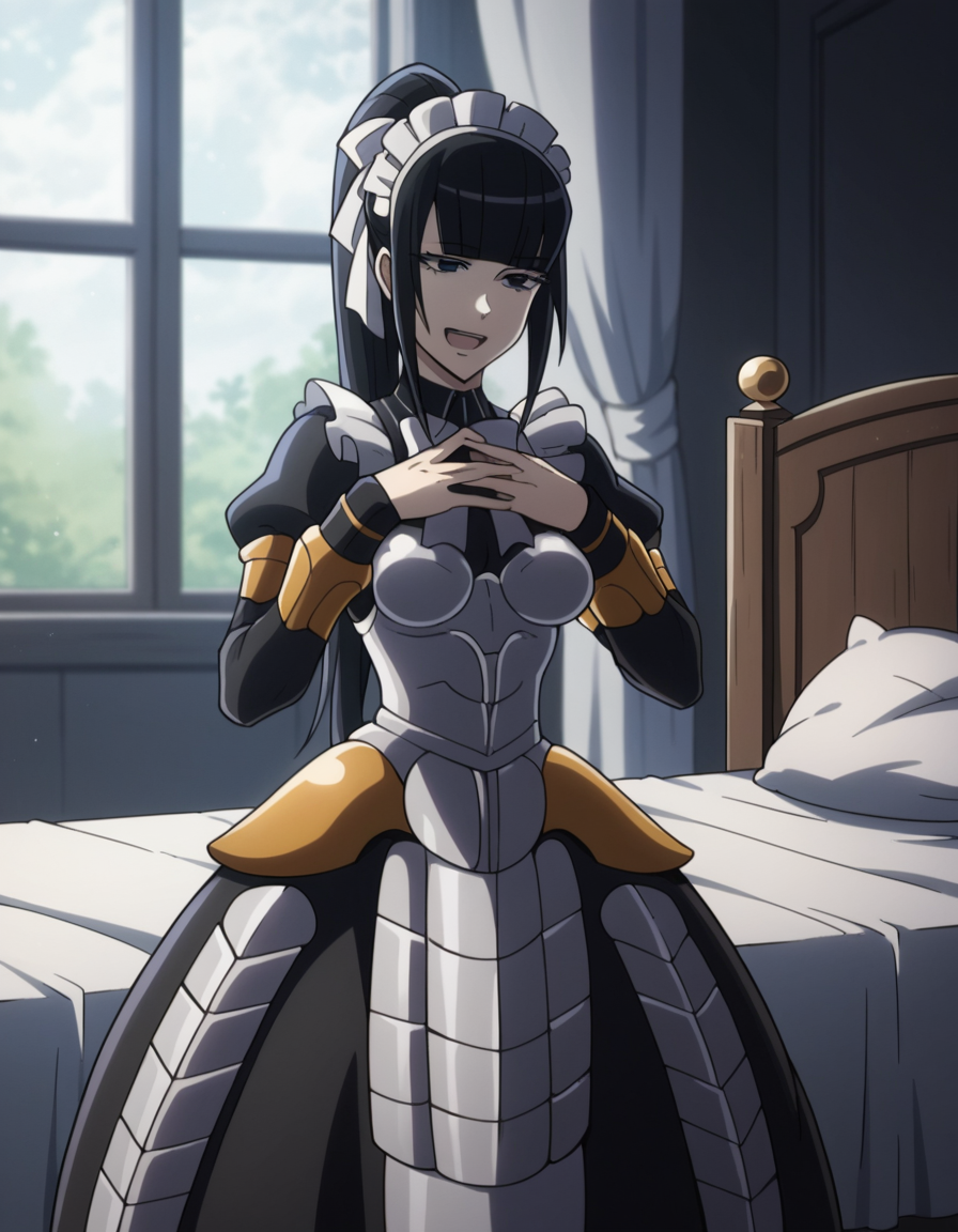 score_9, score_8_up, score_7_up, source_anime, <lora:narberal-gamma-s1s2-ponyxl-lora-nochekaiser:1>, narberal gamma, black hair, high ponytail, long hair, slanted eyes, narrow eyes, black eyes, medium breasts,, apron, armor, black dress, dress, frills, long sleeves, maid, maid headdress, puffy sleeves,, bedroom, alarm clock, morning routine, yawning, stretching, on bed,, smile, , hands on own chest, smile, solo,, cowboy shot, dutch angle