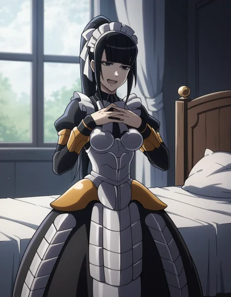 score_9, score_8_up, score_7_up, source_anime, <lora:narberal-gamma-s1s2-ponyxl-lora-nochekaiser:1>, narberal gamma, black hair, high ponytail, long hair, slanted eyes, narrow eyes, black eyes, medium breasts,, apron, armor, black dress, dress, frills, long sleeves, maid, maid headdress, puffy sleeves,, bedroom, alarm clock, morning routine, yawning, stretching, on bed,, smile, , hands on own chest, smile, solo,, cowboy shot, dutch angle
