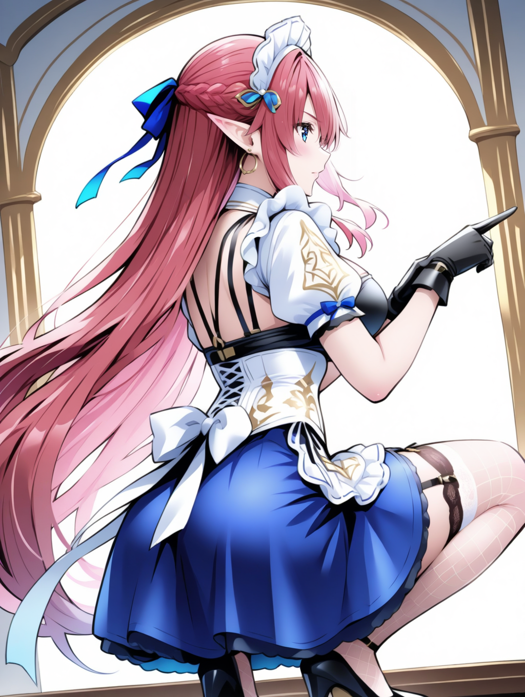 perfect quality,best quality,absolutely eye-catching,ambient occlusion,raytracing BREAK
1girl,<lora:myuria meido IL v1.0:0.7>,meido,red very long hair,hair ornament,pointy ears,word tattoo,blue eyes,maid headdress,ribbon,maid,lace trim,garter straps,puffy short sleeves,black gloves,blue skirt,solo,white corset,white sleeves,white fishnet thighhighs,high heels,, from behind,profile,closed mouth,pointing,locked_arms,squatting,_open_legs,