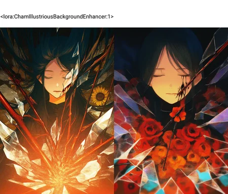 masterpiece, best quality, 1girl, upper body, facing viewer, abstract, (glass:1.1), (charged:1.1), (bleeding wound:1.25), black theme, glowing, closed eyes, broken glass, flower, impaled, black blood, black hair, long hair, <lora:ChamIllustriousBackgroundEnhancer:1>
