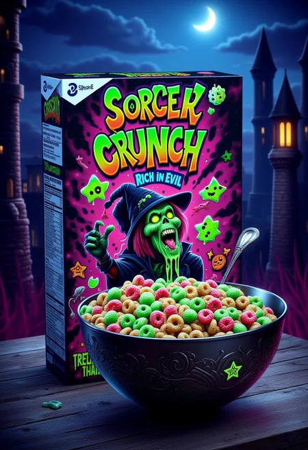 The image is a high-resolution photograph of a cereal box in a moonlit castle setting. The box is for "Sorcery Crunch" cereal, below the title is the text: "Rich in Evil". The box features a trippy psychadelic acid art, looking like an LSD trip, cereal pieces are fluorescent and grotesque, oozing with slime. The metallic cereal bowl decorated with magical symbols, filled with slimy substance, radiating the neon glow.