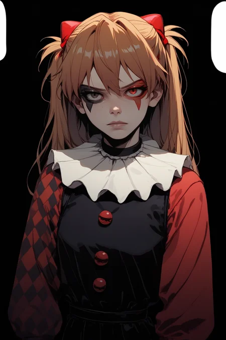 score_9, score_8_up, score_7_up,
<lora:Muff_PDXL-000000:1>, 1girl, split-color hair, half red half black color hair, two colors rhombic makeup, solo,
souryuu asuka langley, 1girl, neck ruff, ruffled collar, two colors argyle sleeve, red sleeve, black romper,
cowboy shot, adult girl, 21 y.o., teen, <lora:Sinozick_Style_XL_Pony:1> sinozick style, dark theme, flat color, black background,