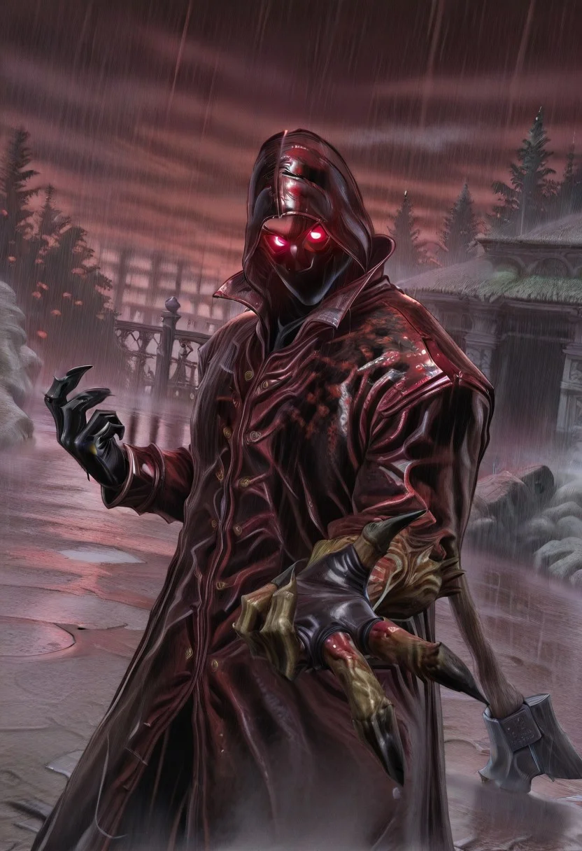 Masterpiece, realistic, hires, detailed face and eyes, ultra quality, Beautiful background, garden, sharp quality, 1boy, dp_killer, solo, clawed arm, mutated arm, malfested arm, {{very glowing eyes}}, holding, holding huge wood axe, coat, rain, <lora:Deadly_Premonition_raincoat_killer:1> blood on coat, gesture hand, gesture no, glowing , glove, Dutch angle, bust body, corpses around, red sky, fog, dynamic pose,