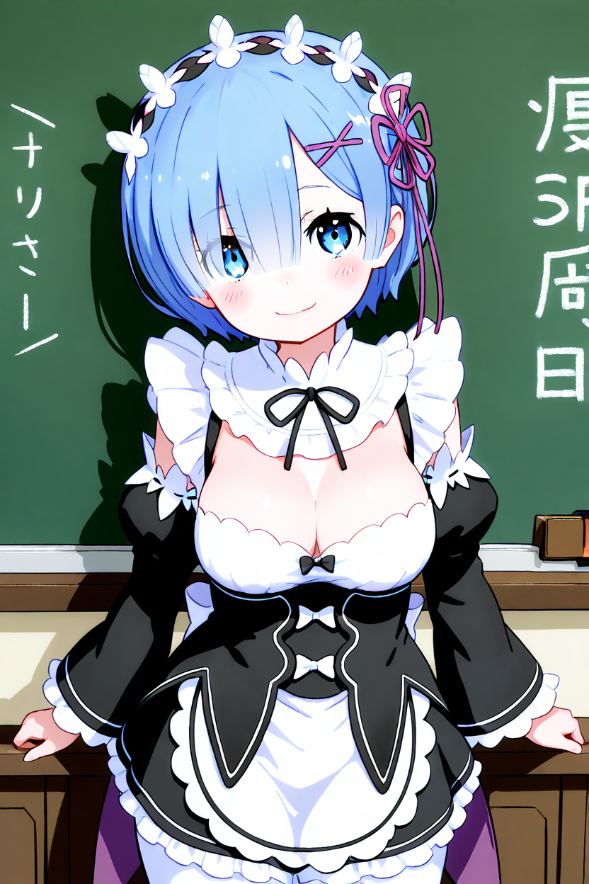 masterpiece, best quality, medium breasts, (curvy),  ,,, BREAK,  rem (re:zero), 1girl, solo, breasts, looking at viewer, blush, smile, short hair, bangs, blue eyes, large breasts, hair ornament, long sleeves, dress, ribbon, cleavage, medium breasts, closed mouth, blue hair, hair ribbon, pantyhose, cowboy shot, frills, detached sleeves, indoors, hair over one eye, apron, maid, maid headdress, black ribbon, x hair ornament, waist apron, white apron, white pantyhose, pink ribbon, chalkboard, roswaal mansion maid uniformBREAK,  smile, looking at viewer, cowboy shot,    <lora:MantisStyleIXL:1.0>,