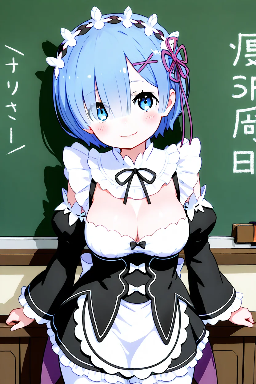 masterpiece, best quality, medium breasts, (curvy), ,,, BREAK, rem (re:zero), 1girl, solo, breasts, looking at viewer, blush, smile, short hair, bangs, blue eyes, large breasts, hair ornament, long sleeves, dress, ribbon, cleavage, medium breasts, closed mouth, blue hair, hair ribbon, pantyhose, cowboy shot, frills, detached sleeves, indoors, hair over one eye, apron, maid, maid headdress, black ribbon, x hair ornament, waist apron, white apron, white pantyhose, pink ribbon, chalkboard, roswaal mansion maid uniformBREAK, smile, looking at viewer, cowboy shot, <lora:MantisStyleIXL:1.0>,