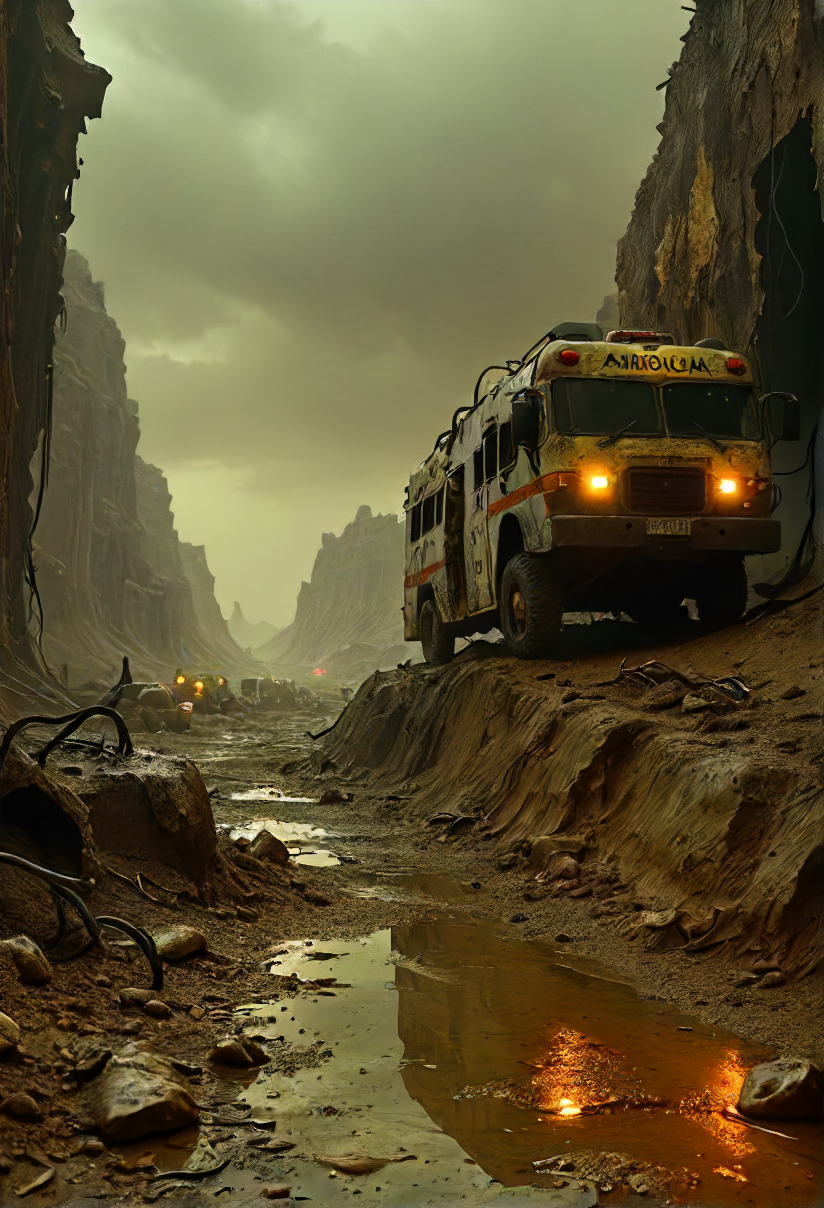 ooh hoo, what a hellish ride with the ambulanceia diabolicus trough this hell-hole of a demon infested wasteland, atmospheric, eerie, <lora:- SDXL - AI-Breaker_V3.5:0.8>