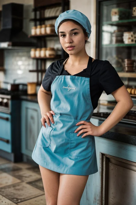 <lora:LCM_LoRA_Weights_SD15:1>,<lora:detail_slider_v4:1.2>,(vivacious baker) 23year old adult (Women:1.3), Thigh Gap:1.3, Medium body build, short hazel Hairs, messy bun haircut, , russian, ebony skin, wearing a baker hat, light blue t-shirt, apron, skirt, clogs, oven mitts, set in Bakery Shop, Sweet Treats Section, vibrant area with glass cases filled with colorful pastries, a counter with jars of cookies, shelves with cakes and cupcakes ,(full body:1.3),(full shot:1.3),(wide shot:1.3),(full body portrait:1.3),front view:1.1,black and white photography, timeless elegance, classic aesthetic, dramatic contrasts, emphasizing shapes and textures, evoking nostalgia, focusing on light and shadow, monochromatic storytelling, capturing mood and emotion, artistic expression, minimalist compositions, conveying depth and atmosphere, timeless beauty,