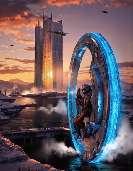 By Brandon Le. A digital illustration shoot from a far camera angle about a futuristic cityscape at sunset with tall towers and distant mountains in the background. the image also shows a futuristic vehicle, sci-fi setting with a large, circular blue glowing circle in the foreground. A person is sitting in a futuristic vehicle, wearing a helmet and sitting in the cockpit. the vehicle has a sleek, metallic design with a blue light emanating from it, giving it an ethereal glow. The futuristic vehicle is composed of a single large, bright, blue wheel, with its sleek design and intricate details visible. The seat the humanoid figure sits on is inside the large wheel. the person is positioned in the center of the frame, with the cityscape behind them. the city is filled with tall, futuristic structures, and there are several flying vehicles in the distance, adding to the sense of movement and energy in the scene. the sky is a mix of vibrant oranges, pinks, and purples, with a few clouds scattered across the horizon. the overall atmosphere is one of a post-apocalyptic wasteland with a sense of depth and movement, reminiscent of science fiction.