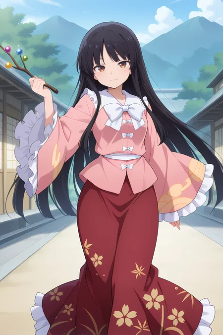 absurdres, highres, masterpiece, best quality, amazing quality, official anime artwork, screencap, anime screencap, outdoors, looking at viewer, light smile, dynamic pose,
<lora:Kaguya-Houraisan_Illustrious:1> houraisan kaguya, 1girl, solo, brown eyes, black hair, long hair,, pink shirt, long sleeves, wide sleeves, white bow, red skirt, long skirt, floral print, jeweled branch of hourai