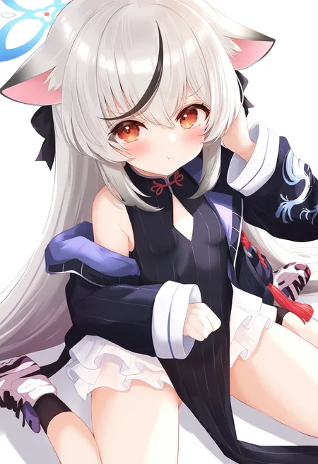 <lora:flash1_noob1.1-000072:1>,
1girl, kokona \(blue archive\), animal ears, solo, diamond cutout, multicolored hair, grey hair, sitting, halo, long hair, looking at viewer, streaked hair, striped clothes, wariza, dress, striped dress, blush, black hair, jacket, black jacket, very long hair, vertical-striped clothes, black dress, long sleeves, frilled skirt, orange eyes, pout, thighs, vertical-striped dress, tiger ears, off shoulder, shoes, skirt, white footwear, closed mouth, pelvic curtain, simple background, sidelocks, frills, hair between eyes, small breasts, white skirt, clothing cutout, chinese clothes, tiger girl, white background, breasts,
masterpiece,best quality,newest,absurdres,highres,very awa,