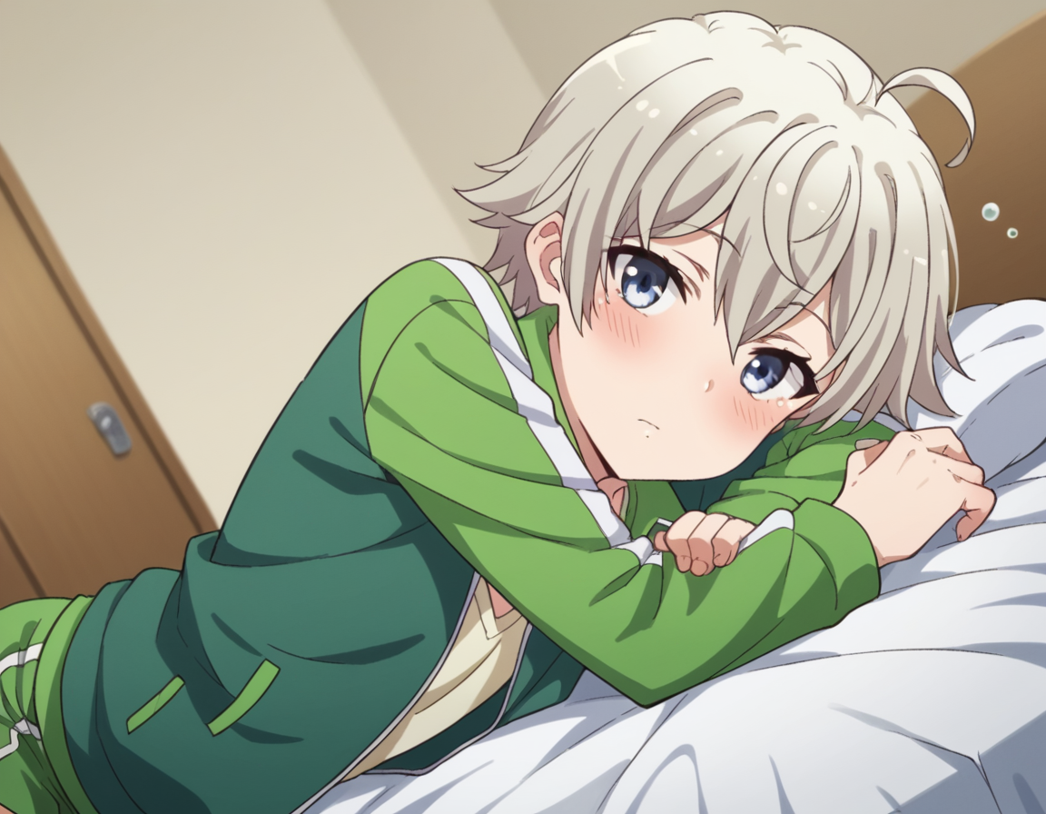 score_9, score_8_up, score_7_up, source_anime,
saikatotsuka, <lora:saika-totsuka-s2s3-ponyxl-lora-nochekaiser:1>,
saika totsuka, blue eyes, ahoge, grey hair, androgynous,
jacket, green jacket, shirt, white shirt, open jacket, shorts, green shorts, raglan sleeves,
indoors, bed, bed room, on side, blush, drunk,
looking at viewer, cowboy shot, solo, dutch angle,