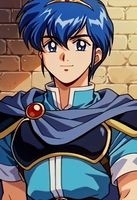 score_9, score_8_up, score_7_up, source_anime, BREAK,  solo, 1boy,  <lora:Marth-pdxl_Fp:1>, marthfe, blue hair, blue eyes, short hair, tiara, blue tunic, armor, cape, fingerless gloves, smile, looking at viewer,  <lora:FeOva-pdxl_Fp:1>, retro artstyle, 1990s \(style\),