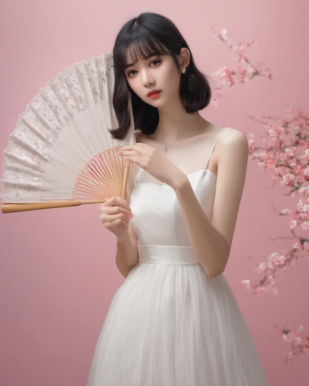 gufengnvhai,<lora:gufengnvhaisdxllora1-000009:1>realistic,photorealistic,masterpiece,1girl, solo, dress, flower, pink background, black hair, holding, white dress, hair ornament, bangs, hair flower, brown hair, hand fan