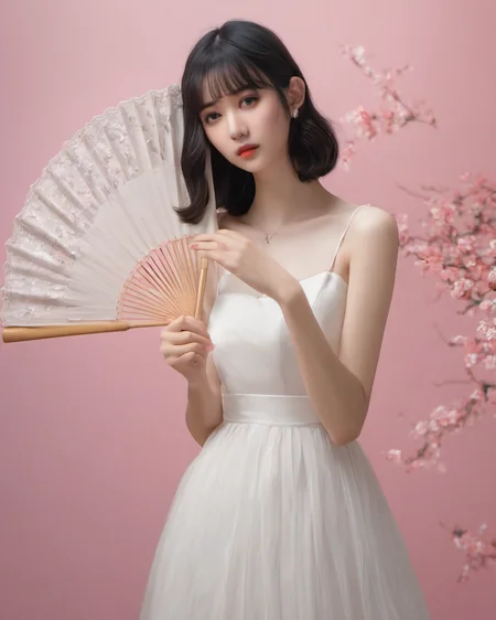 gufengnvhai,<lora:gufengnvhaisdxllora1-000009:1>realistic,photorealistic,masterpiece,1girl, solo, dress, flower, pink background, black hair, holding, white dress, hair ornament, bangs, hair flower, brown hair, hand fan