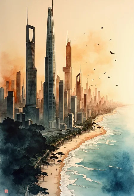 A sweeping coastal cityscape unfurls across delicate rice paper, painted with expressive ink splashes and translucent watercolor washes. The skyline bristles with ultramodern skyscrapers—sleek, asymmetrical, and luminescent—rendered in layered tones of rich sepia, burnt henna, and jet ink. clear, gradient sky, diffused into the paper’s fibers. This piece blends classic East Asian ink painting aesthetics with futuristic precision—think Hokusai meets Syd Mead. Lighting is soft but radiant, as if internal energy pulses through the city’s veins. Emphasize broad brushwork, chaotic ink bursts, and delicate tonal transitions