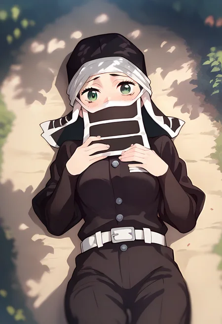 score_9, score_8_up, score_7_up, source_anime, masterpiece, 1girl, ctiankakushi, green eyes, medium breasts, black headwear, mouth mask, black uniform, white belt, black pants, lying, ground, looking at viewer, outdoors, forest, depth of field, blush, close-up, <lora:Kakushi_Pony_ct:1>