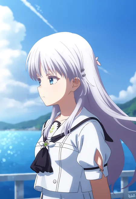 Naruse Shiroha,1girl,solo,outdoors,closed mouth,blurry background,school uniform,hairclip,shirt,blurry,short sleeves,white shirt,day,puffy sleeves,white sailor collar,floating hair,sky,puffy short sleeves,cloud,blue sky,upper body,sailor collar,black ascot,very long hair,depth of field,ascot,expressionless,blunt ends,looking afar,<lora:Naruse Shiroha_pony-000058:1>