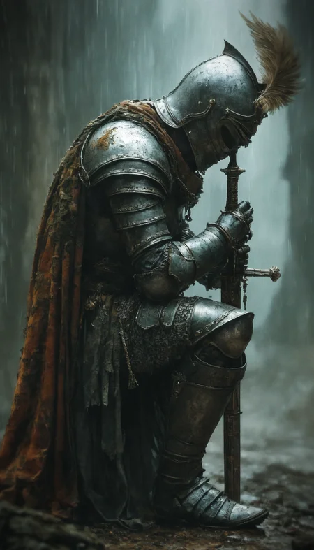 hyper detailed, 4k, masterpiece,  Dark Fantasy Illustration, side profile, knight in full plate armor, detailed with intricate engravings and scratches, helmet adorned with intricate detailing, the knight is in a solemn, bowed pose on one knee, resting both hands on the hilt of a large sword planted into the ground, his head tilted forward in contemplation or mourning, dark green, misty background with subtle rain, soft ambient light casting faint reflections on the wet armor, tattered and muddy brown cape draped over his shoulders, chainmail visible beneath the armor, the atmosphere is heavy and melancholic, textures of the armor and cape are rugged and worn, the scene exudes a sense of solemnity, duty, and reflection.
