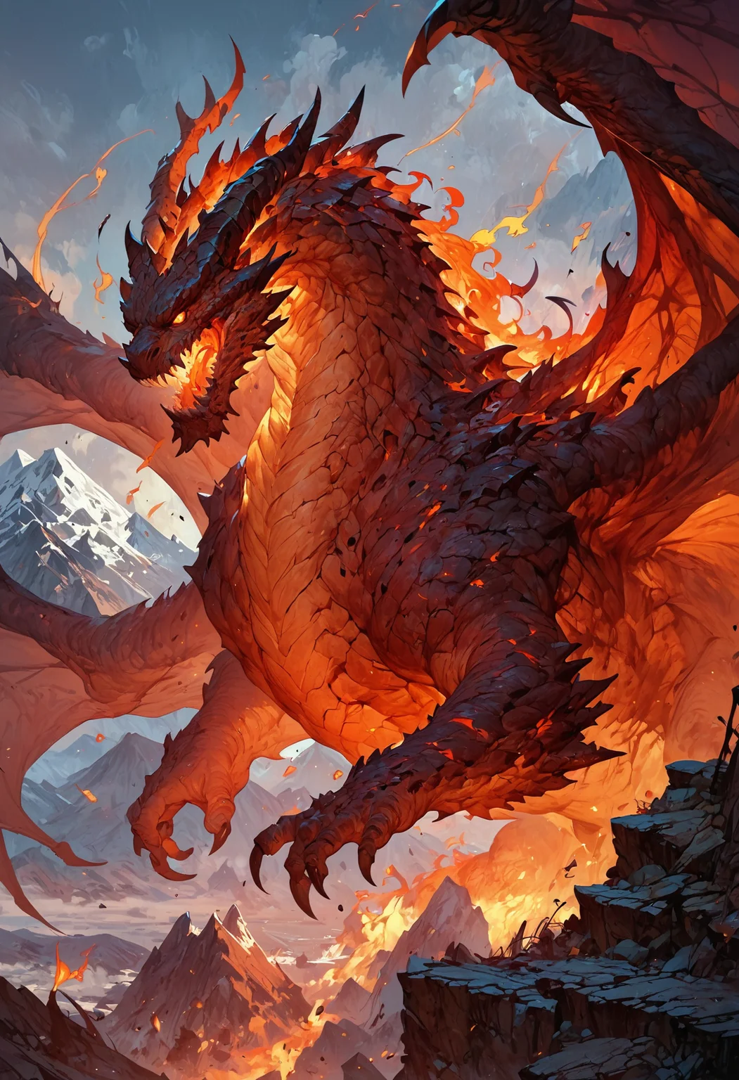 score_9, score_8_up, score_7_up, score_6_up, score_5_up, score_4_up,<lora:EpicF1reP0ny:0.8>, gigantic dragon, teeth, horns, long tail, wings, mountains, fire aura,fantasy,solo focus,epic