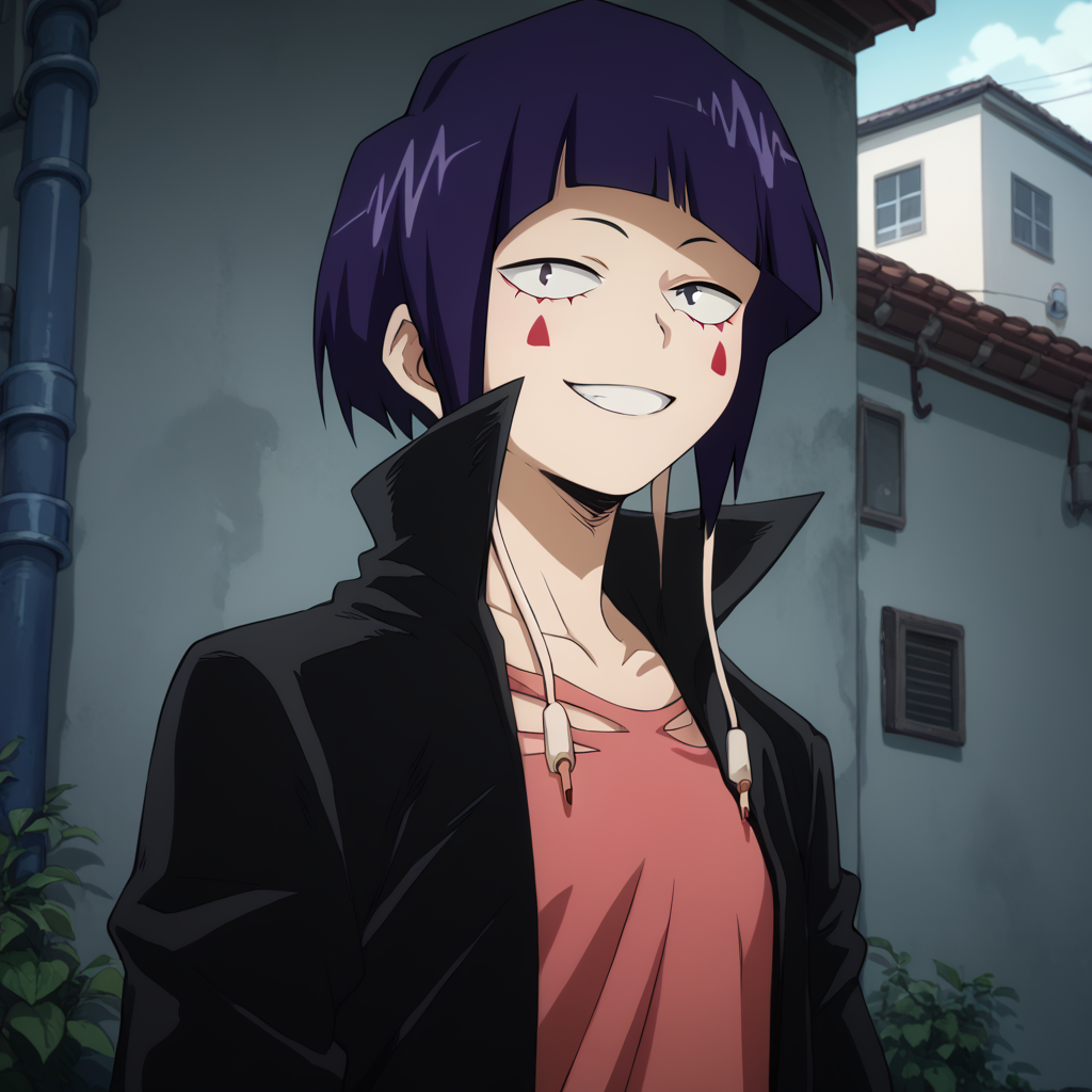 <lora:SlimesJiro:1>, score_9, score_8_up, score_7_up, slimes_jiro, 1girl, smiling, facial marks, portrait, alley background