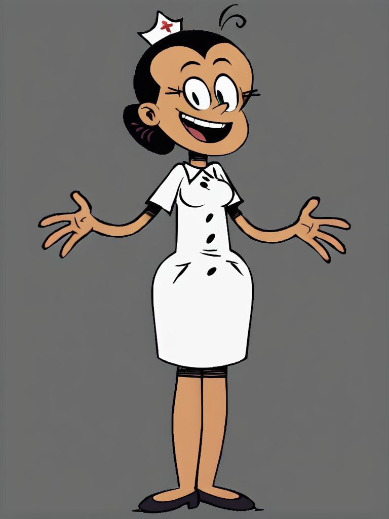 Maria, 1girl, nurse, solo, grey background, black hair, nurse cap, smile, open mouth, simple background, hair bun, full body, black footwear, :d, ahoge, score_9, score_8_up, score_7_up, score_6_up, score_5_up, score_4_up, looking at viewer, indoors,<lora:MariaSantiagoPony1.0:1> smile,