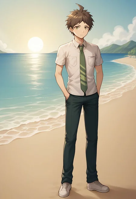 score_9, score_8_up, source_anime, highly detailed, 1boy, solo, skinny,
hinata, 1boy, male focus, solo, necktie, pocket, brown hair, full body, short hair, pants, shirt, breast pocket, bangs, ahoge, short sleeves, hands in pockets, worried, focused,
outdoor, beach, sun,