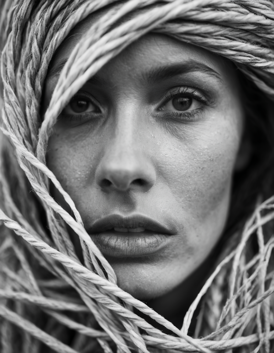 Monochrome composition of a (shrouded figure:1.3), entirely enveloped in (tangled strips:1.2), with (visible lips:1.1) and (intense gaze:1.1), texture-rich, abstract human form, grayscale palette, dynamic contrast, (striking shadows:1.2), high-detail, close-up, conceptual art, mystery and concealment, studio shot, fine art photography, Canon EOS 5D Mark IV, f/4, 1/125s, ISO 100,