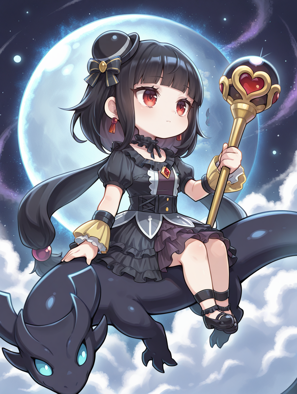 chibi,blunt bangs,moon of the closed heaven,1girl,solo,red earrings,closed mouth,staff,holding staff,riding,black frilled choker,black mini hat,cloud,black princess dress,yellow wrist cuffs,black dragon,1other,space,
masterpiece,best quality,amazing quality,very aesthetic,apussbsurdres,newest,<lora:Moon of the Closed Heaven illuXL v1.1:0.72>,