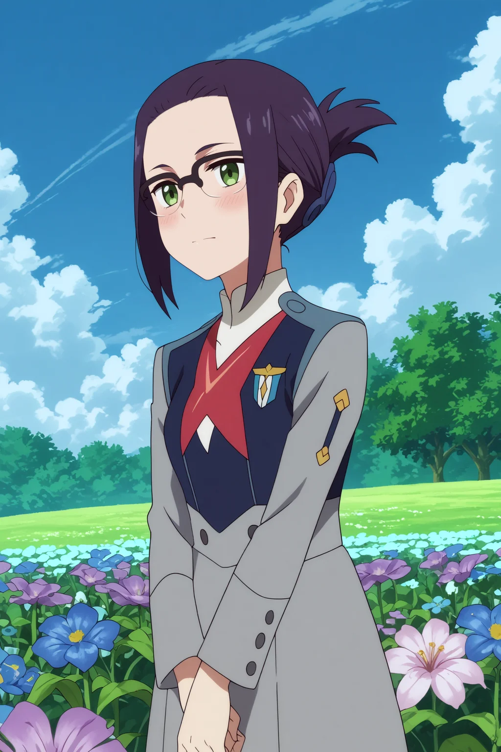 ikuno,1girl,solo,glasses,short hair,uniform,military_uniform,military,folded ponytail,v arms BREAK outdoors,blue sky,cloudy_sky,purple flower,flower field <lora:Ikuno_-_Darling_in_the_franxx.safetensors:0.8> <lora:detailed_backgrounds_v2.safetensors:0.5>