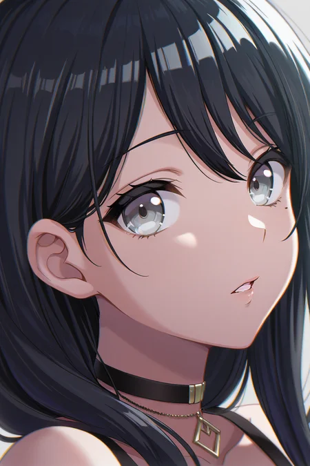 masterpiece, best quality, amazing quality,
 <lora:Toka_IL:1> toka, 1girl, solo, black hair, mole, portrait, long hair, bangs, mole under eye, parted lips, chromatic aberration, choker, grey eyes, looking at viewer
