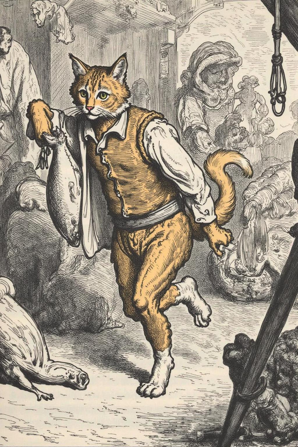 gusdore1 illustration. A golden tabby stealing a fish, running away in a market  <lora:gusdore1_nocap_d4a2e8:1.0><lora:800988375667604292:0>