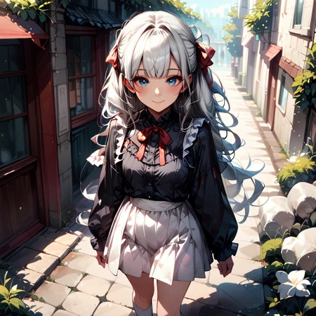 score_9, score_8_up, score_7_up, score_6_up,
a beautiful anime girl with long white hair and long black dress standing in a stone archway, 1girl, solo, blue eyes, long hair, long sleeves, white socks, smile, black hair, white skirt, socks, blush, looking at viewer, outdoors, ribbon, skirt, frills, shirt, black shirt, closed mouth, red ribbon, bangs, day, standing, hair ribbon, kneehighs, from above