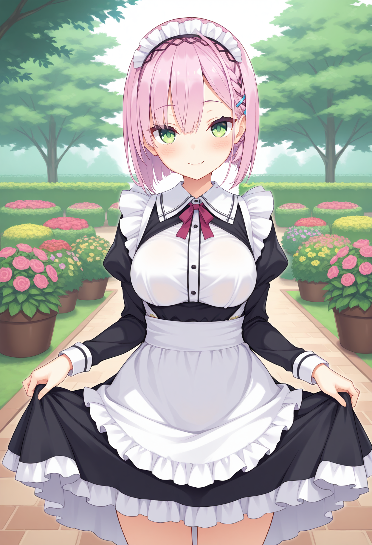 1girl, aaamane, pink hair, short hair, braid, hairband, hair ornament, hairclip, green eyes, fang, breasts, <lora:tanikaze_amane_ilxl_v1:0.9>, standing, cowboy shot, maid, maid headdress, garden, skirt hold, curtsey, smile,
masterpiece, best quality, amazing quality,