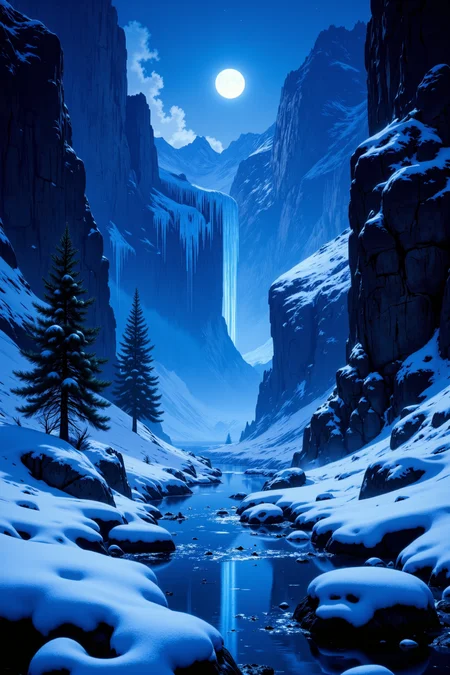 snow-covered trees and rocks, icy river reflecting the starlight, detailed icicles forming patterns, scattered pine trees adding contrast, cold blue tones highlighting the serenity, moonlight casting a gentle glow over the landscape, intricate details in the frozen surfaces, dark terrain partially with intricate textures and vibrant colors. The scene should include a rich variety of elements, each contributing to the overall atmosphere. Lighting should be soft, diffused, and natural, enhancing the depth and realism of the scene. The mood is to be calm yet vibrant, creating a sense of serenity and wonder. Every detail in the scene should be meticulously rendered, emphasizing the contrast between light and shadow, and capturing the fine textures and subtle gradients. The color palette should be carefully chosen to evoke emotion, with each hue enhancing the aesthetic appeal of the overall composition. The final image should be immersive and captivating, drawing the viewer into its intricately detailed world.