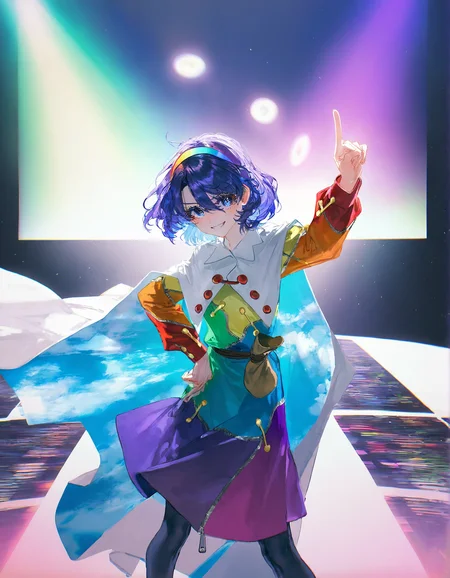 tenkyuu_chimata, 1girl ,rella, quasarcake:0.7, rolua, optical illusion, negative space, saturday_night_fever,blue_hair, breasts, cape, hairband , looking_at_viewer ,multicolored_hairband, pantyhose, purple_eyes ,short_hair ,smile, solo, sweat ,white_cape, disc, disco,CDs, arm_up , index_finger_raised, outstretched_arm , dance_floor, dancing,wide shot, one hand point to sky one hand point to the ground,hand_on_own_hip,
<lora:illustrious_noobai_epsilon_pred_1_best_quality_v1:0.7> ,<lora:illustrious_noobai_epsilon_pred_1_masterpieces_v1:0.7>, <lora:ponyv4_noob1_2_adamW:0.5>, <lora:add_details_xl:0.7>, <lora:CDs_SDXL:1>,
masterpiece, best quality, amazing quality, very aesthetic, absurdres, newest,