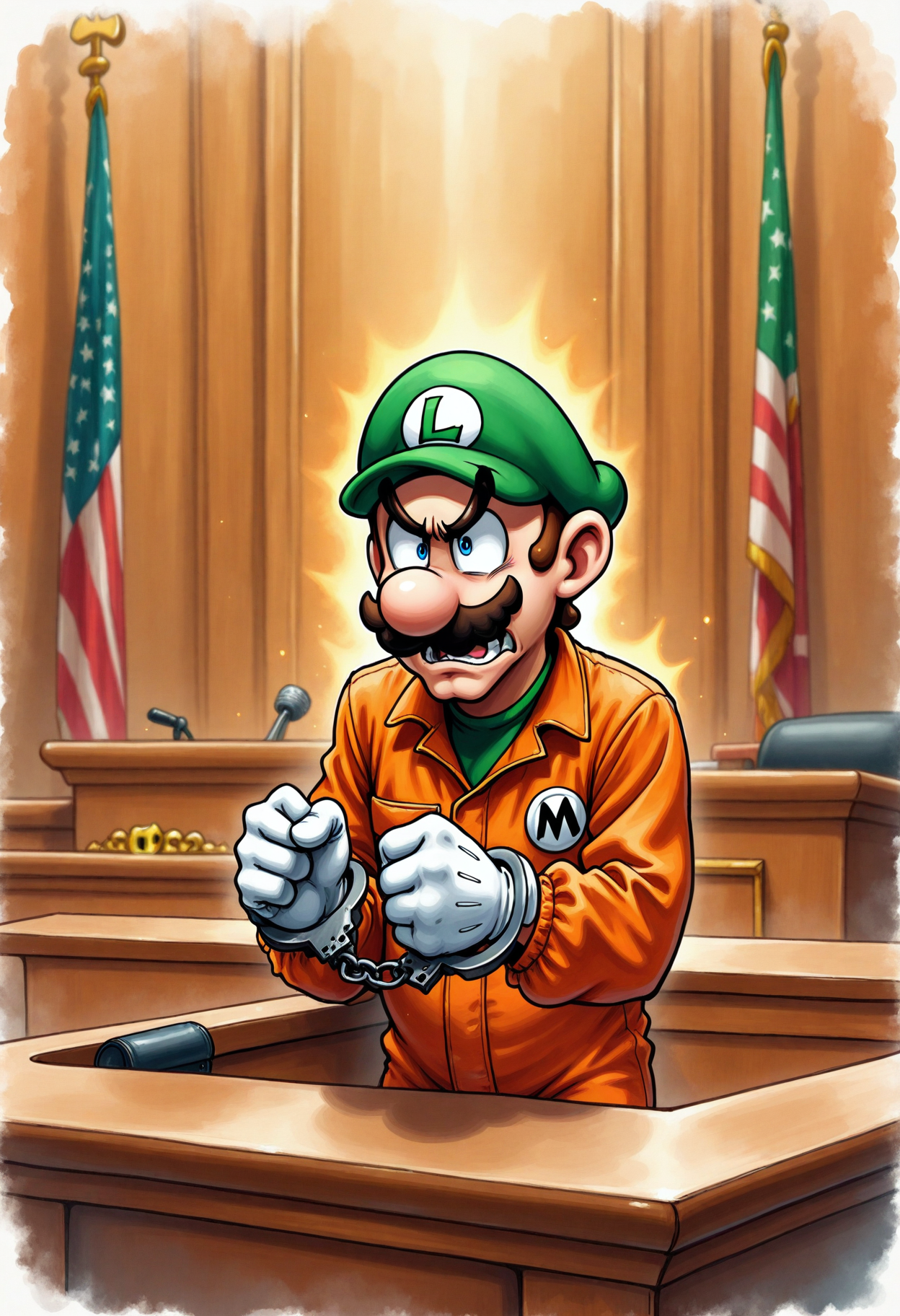 absurdres, highly-detailed, best quality, masterpiece,  very aesthetic, c0urtr00m, 1boy, solo, Luigi (super mario), handcuffs, angry, orange prison jumpsuit, courtroom, upper body, anger mark