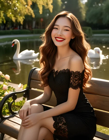 In a vibrant, late-afternoon sunlit park, a stunning woman named N4NCYJMM with long, wavy brown hair cascading over her shoulders and captivating black eyes that sparkle with warmth, is gracefully seated on a weathered wooden bench. The camera, positioned at an elevated angle from behind the bench, captures her profile in a three-quarter view. Her lips are painted a bold, striking red, matching the cherry-red petals of a blooming rosebush nearby. She sports a stylish, form-fitting black dress with intricate lace detailing, paired with black heels that reflect the sunlight like polished gems. Despite the serene surrounding, she exudes an air of quiet confidence and radiant happiness, her closed mouth curving into a genuine smile that lights up her entire face. The background details include a picturesque pond with swans gliding gracefully, the tall, leafy trees swaying gently in the breeze, and children laughing as they play on a nearby jungle gym, all adding to the idyllic setting of this captivating moment.