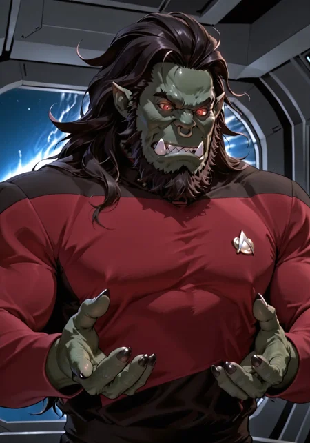 Orc King, Pointy Ears, red eyes, black hair, beard, long hair, green skin, uck teeth, beard, black nails, sharp teeth, thick eyebrow, Muscular, Muscular Male, bara, claws, red TNG uniform, black pants, sci-fi lab setting, starship interior, Ultra-realistic, cinematic energy, 4K detail,