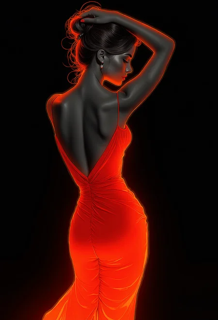 This striking artwork features a stylized portrait of a woman bathed in vibrant neon hues, blending elements of elegance with a futuristic aesthetic. The woman stands in profile, her feminine shapely yet curvy figure accentuated by a sleek, form-fitting dress that radiates in a brilliant orange, contrasting sharply with the cool gray tones of her skin. The dress drapes smoothly along her body, catching the light in a way that emphasizes its texture and the graceful curve of her silhouette. The lighting is bold and dramatic, with intense highlights and shadows that create a sense of depth and intrigue. Her hair is styled in a loose updo, with tendrils softly framing her face and catching the vivid light, creating an almost halo-like effect around her head. The neon glow of the orange light wraps around her form, casting delicate reflections that seem to blend seamlessly into the deep black background, making her appear both ethereal and grounded. The contrast between the warm glow of the orange and the coolness of the gray gives the piece a dual-toned, cinematic quality, reminiscent of cyberpunk art styles. Her expression is serene and introspective, with her head gently tilted and her arm resting above, adding a touch of elegance and poise. The simplicity of the composition, combined with the striking color palette and precise lines, evokes a sense of both modernity and timeless beauty, as if capturing a moment suspended in time within a neon-lit dreamscape. <lora:flux_bra2ha_noirV2_bnr:0.8> BNR style highlights.