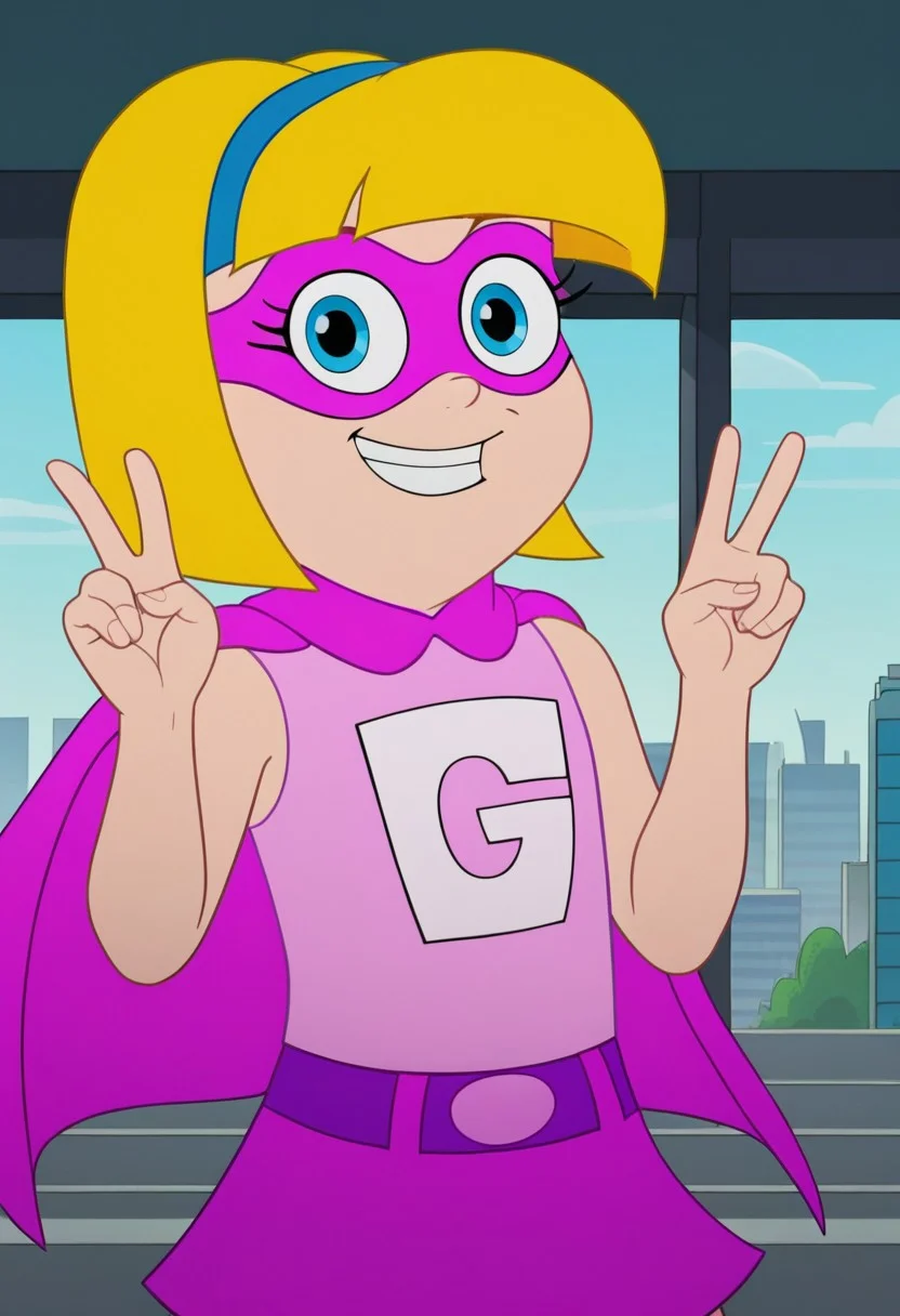 ((city background)),score_9, score_8_up, score_7_up,score_6_up,
1girl, solo, Gretel_HYG, light skin, blue eyes, blonde hair, short hair, blue headband, purple eye mask, pink sleeveless shirt with white "G", purple skirt, dark purple belt, purple cape, dark purple shoes, big eyes, short stature, social smile, perfect eyes, perfect smile, looking at the viewer, detailed eyes, perfect eyes, standing (front pose, bust shot) five fingers, perfect hands, (hand up, v sign)