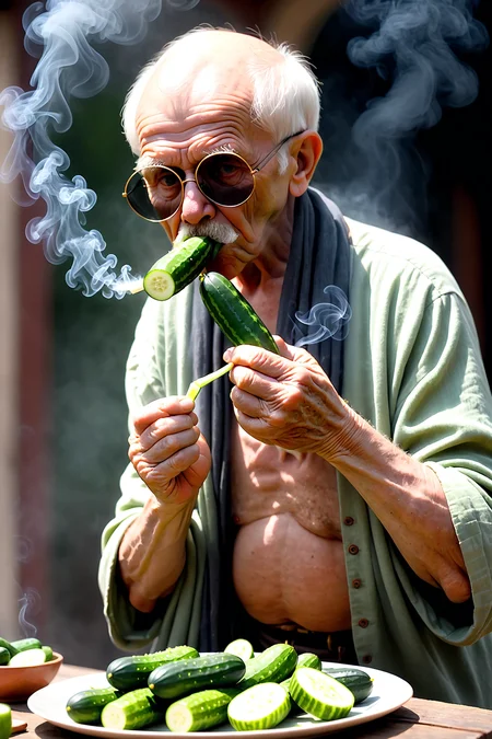 photo, old man eating cucumbers, smoke, Bokeh