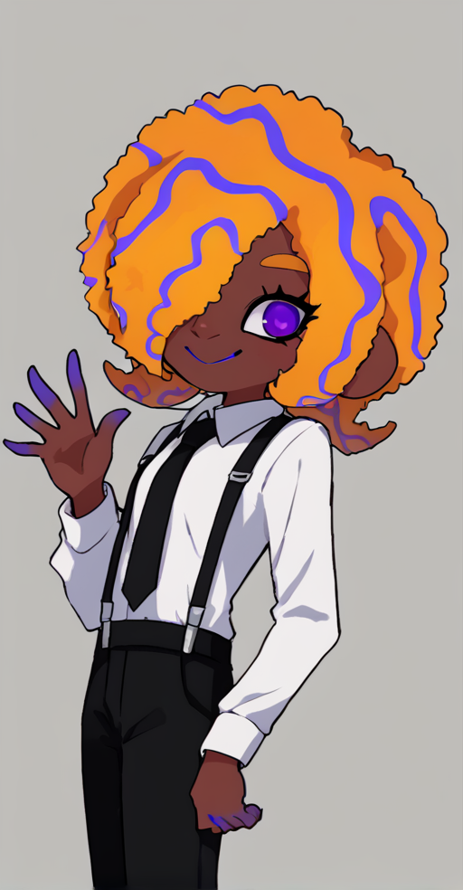 score_9, solo, 1girl, dark skin, black pants, pants, purple eyes, hair over one eye, shirt, white shirt,  afro, smile, necktie, suspenders, <lora:tao_blu_splatoon:1>