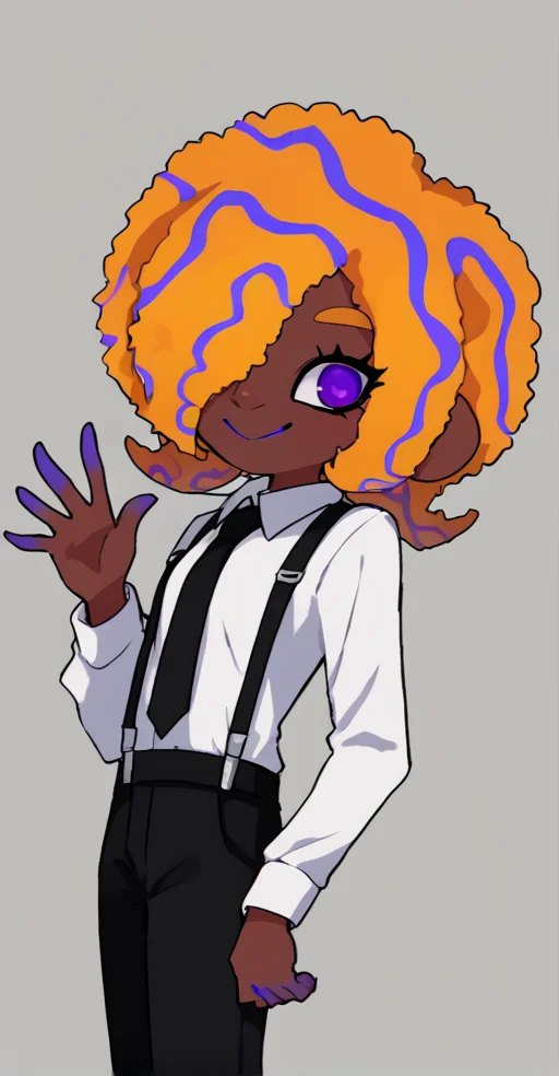 score_9, solo, 1girl, dark skin, black pants, pants, purple eyes, hair over one eye, shirt, white shirt, afro, smile, necktie, suspenders, <lora:tao_blu_splatoon:1>