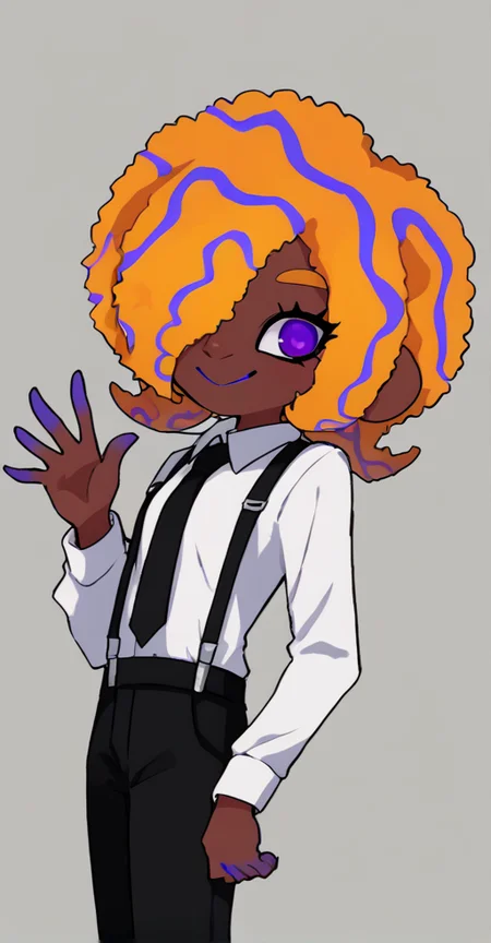 score_9, solo, 1girl, dark skin, black pants, pants, purple eyes, hair over one eye, shirt, white shirt, afro, smile, necktie, suspenders, <lora:tao_blu_splatoon:1>