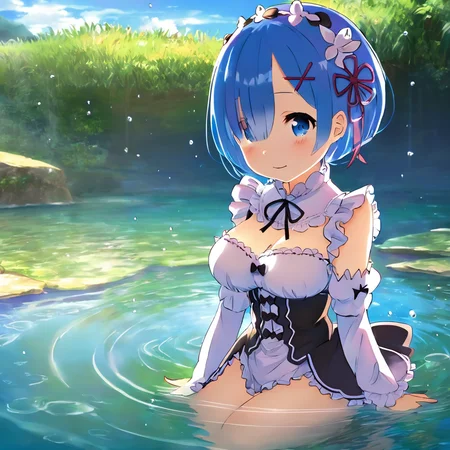 detailed anime style,a cute girl standing in water,rem (rezero),<lora:rem (rezero):1>,