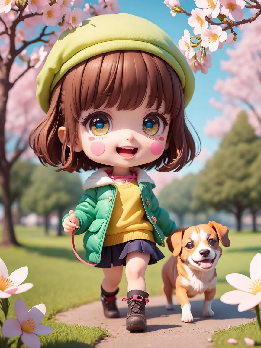 (masterpiece),(best quality),(ultra-detailed), (full body:1.2),
1girl,chibi,cute, smile, open mouth,
flower, outdoors, ((playing with a cute dog)), beret, jacket, blush, tree, :3, shirt, short hair, cherry blossoms, green headwear, blurry, brown hair, blush stickers, long sleeves, bangs, black hair, pink flower,
(beautiful detailed face), (beautiful detailed eyes),
<lora:blindbox_V1Mix:1>