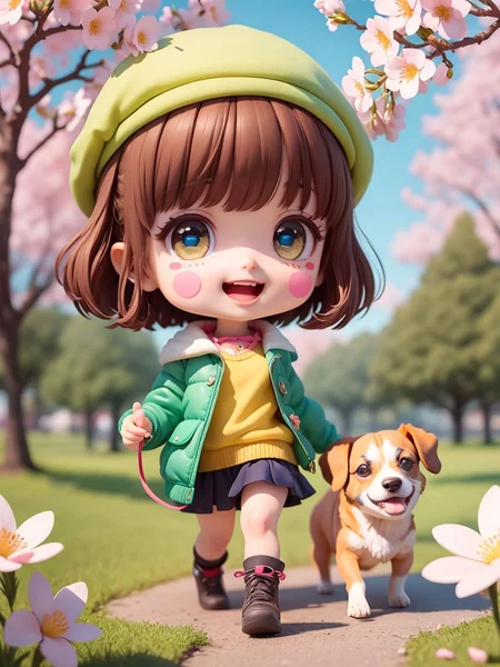 (masterpiece),(best quality),(ultra-detailed), (full body:1.2),
1girl,chibi,cute, smile, open mouth,
flower, outdoors, ((playing with a cute dog)), beret,  jacket, blush, tree, :3, shirt, short hair, cherry blossoms, green headwear, blurry, brown hair, blush stickers, long sleeves, bangs,  black hair, pink flower,
(beautiful detailed face), (beautiful detailed eyes),
 <lora:blindbox_V1Mix:1>